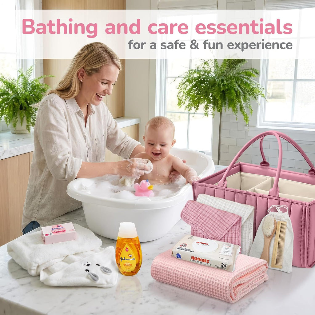Premium New Baby Girl Gift Basket | Newborn Essentials Care Package in Diaper Caddy Organizer | Plush Toy, Baby