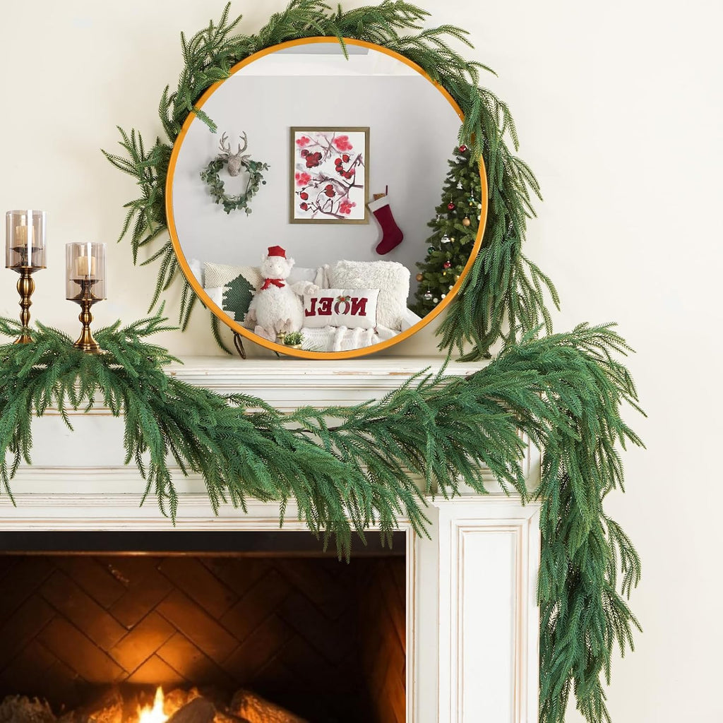 9FT Artificial Norfolk Pine Garland, Realistic Christmas Greenery Garland for Mantle, Staircase, Banister, Fireplace - Set of 9