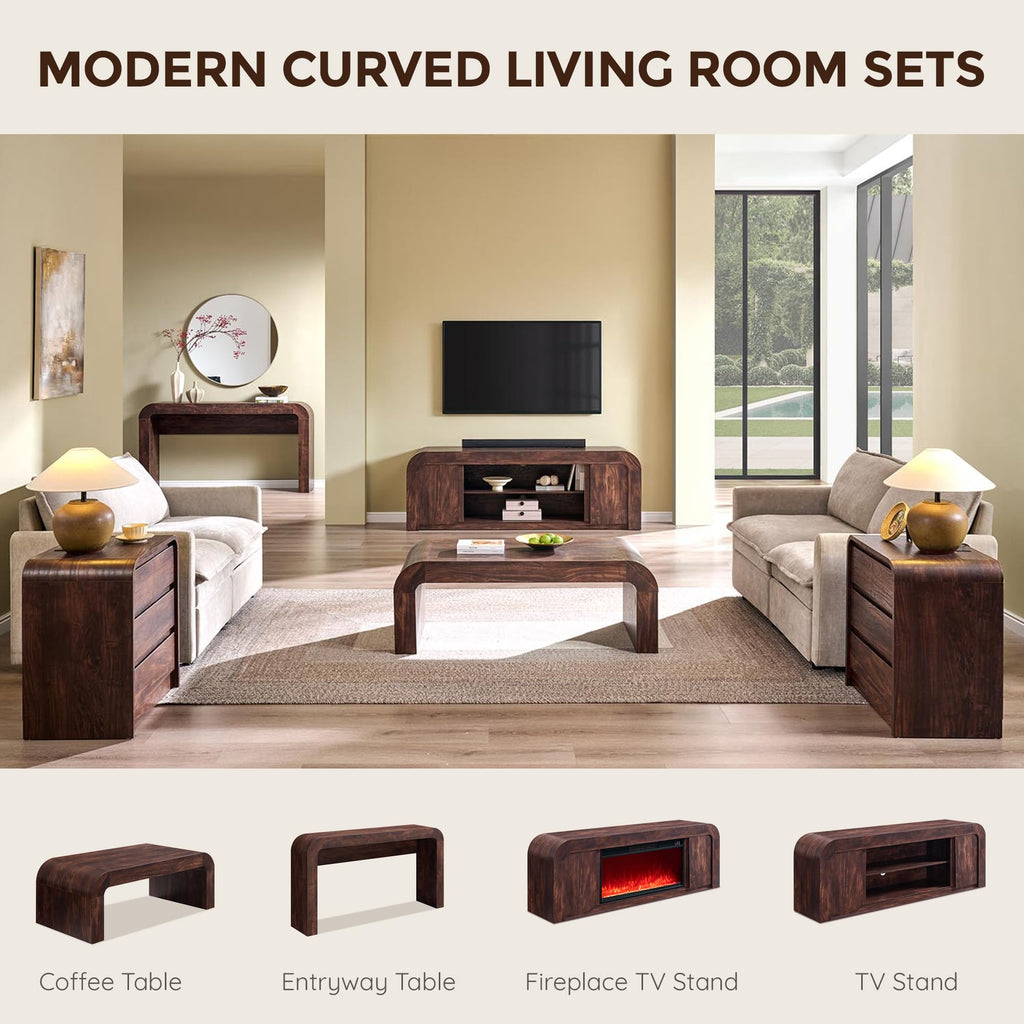 48" Modern Curved Coffee Table, Wood Minimalist Center Table, Brown