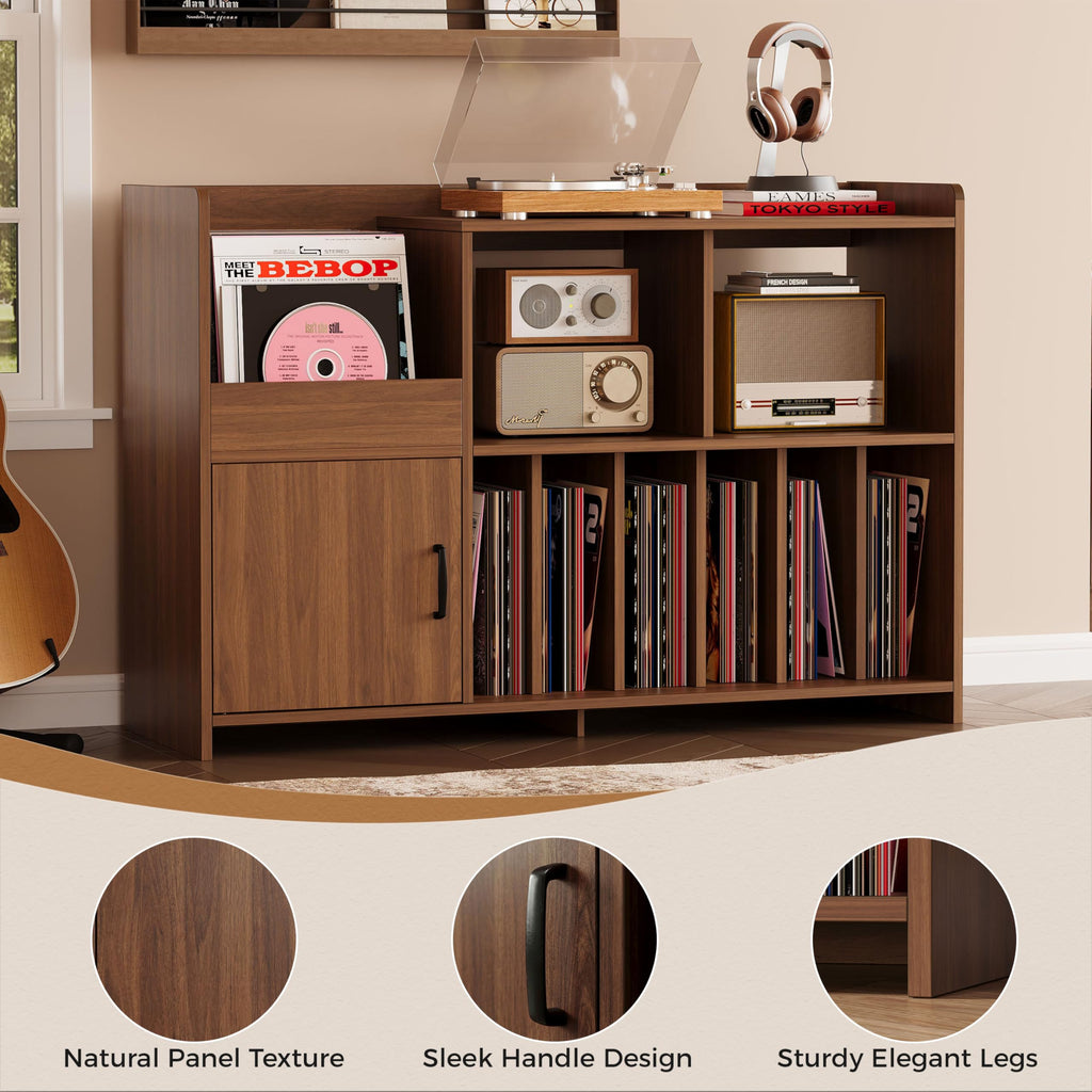 48" Mid-Century Modern Record Player Stand with Door, Walnut