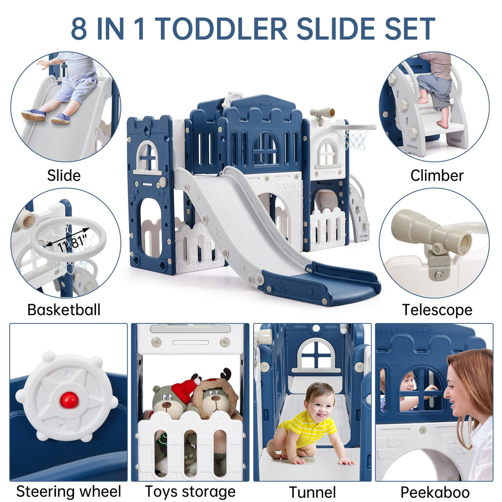 Toddler Slide 8in1 Indoor Outdoor Playset Age1-3 Blue