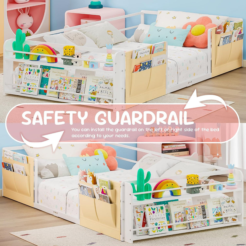 Montessori Floor Bed for Kids with 2-Tier Bookcase and Caddy