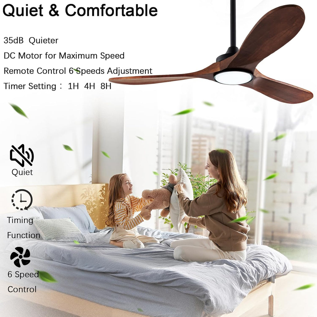 42 Inch Wooden Ceiling Fan with Light and Remote Control - Noiseless Reversible DC Motor, 3 Blades, 6-Speed - Black + Walnut
