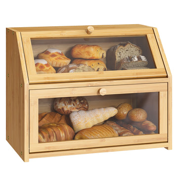 Bread Box - Farmhouse Countertop Double Layer Bamboo Wooden Extra Large Capacity B Food Storage Container(Natural)