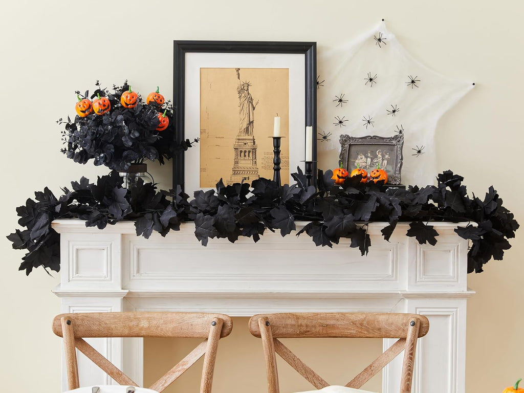 FT Black Garland Halloween Artificial Black Maple Leaf Garlands Fall Leaves Vines for Autumn Thankgiving - Set of 2