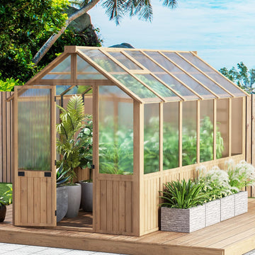 6x12FT Greenhouse ,Wooden Green House for Outdoors with Natural Wood Frame and Polycarbonate Panel, Walk-in