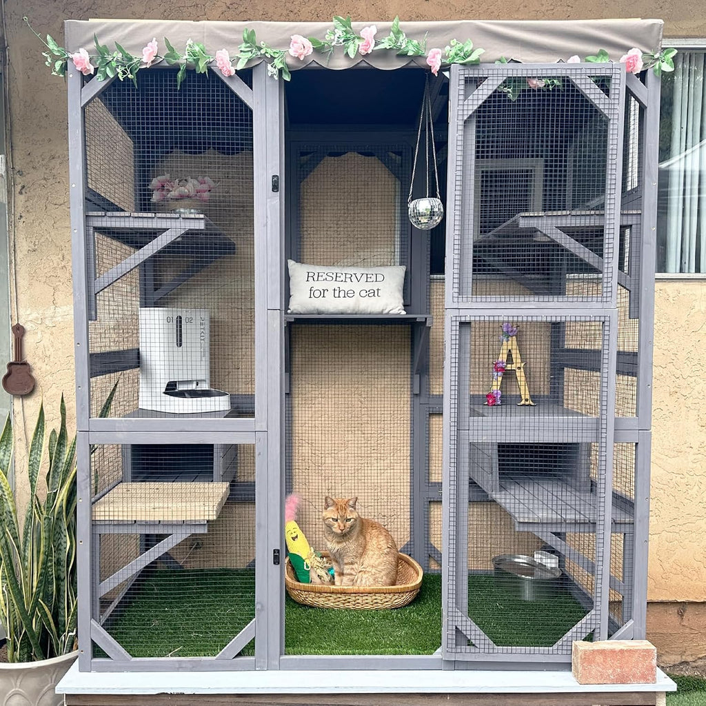Catio Outdoor Cat Enclosure 70" Large Wooden Cat House Walk-in Cat Cage Kitty Shlter Playpen with 7 Platforms, 2