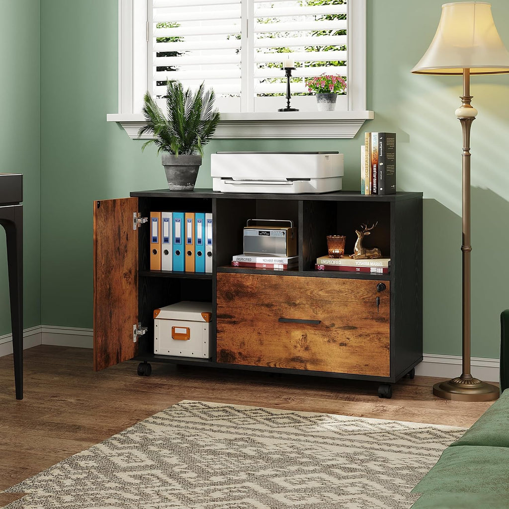 Printer Stand with Storage, Mobile Wood File Cabinet, Rustic Brown | Locking & Rolling, Lateral Filing Cabinet, Doors