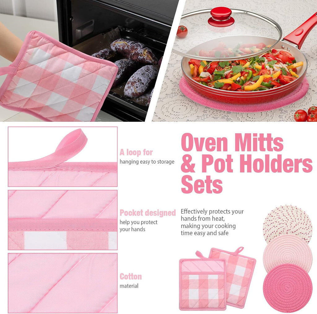 Pink Oven Mitts and Pot Holders 7 Sets, Heat Resistant Kitchen Gloves Pads Pot Holders for Women Gifts Kitchen