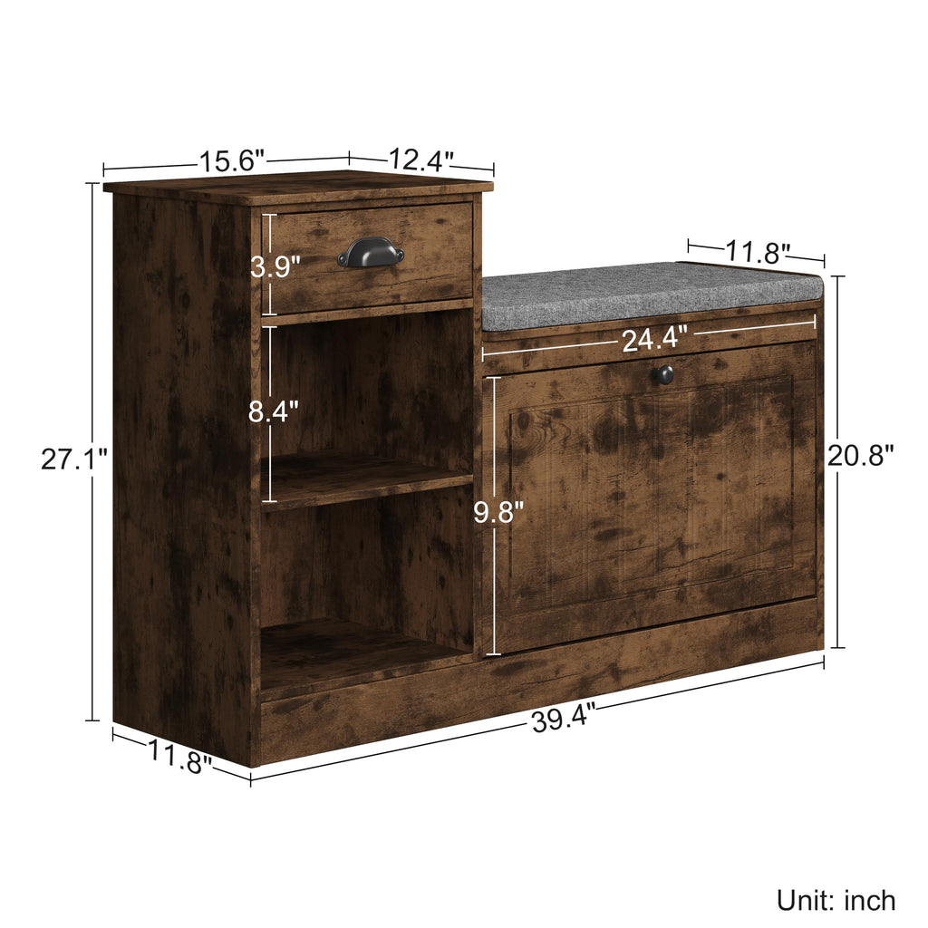 Shoe Storage Bench, Modern Wooden Shoe Cabinet, Vintage Brown