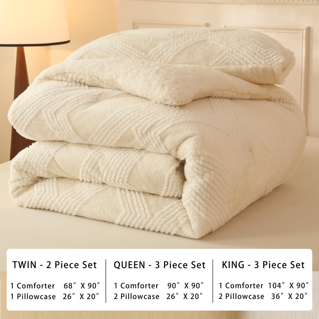 Tufted Boho Comforter Set - White Fluffy Sherpa Bedding Set, Soft Fuzzy Jacquard Quilt Set, 3 Pieces Cozy Bed