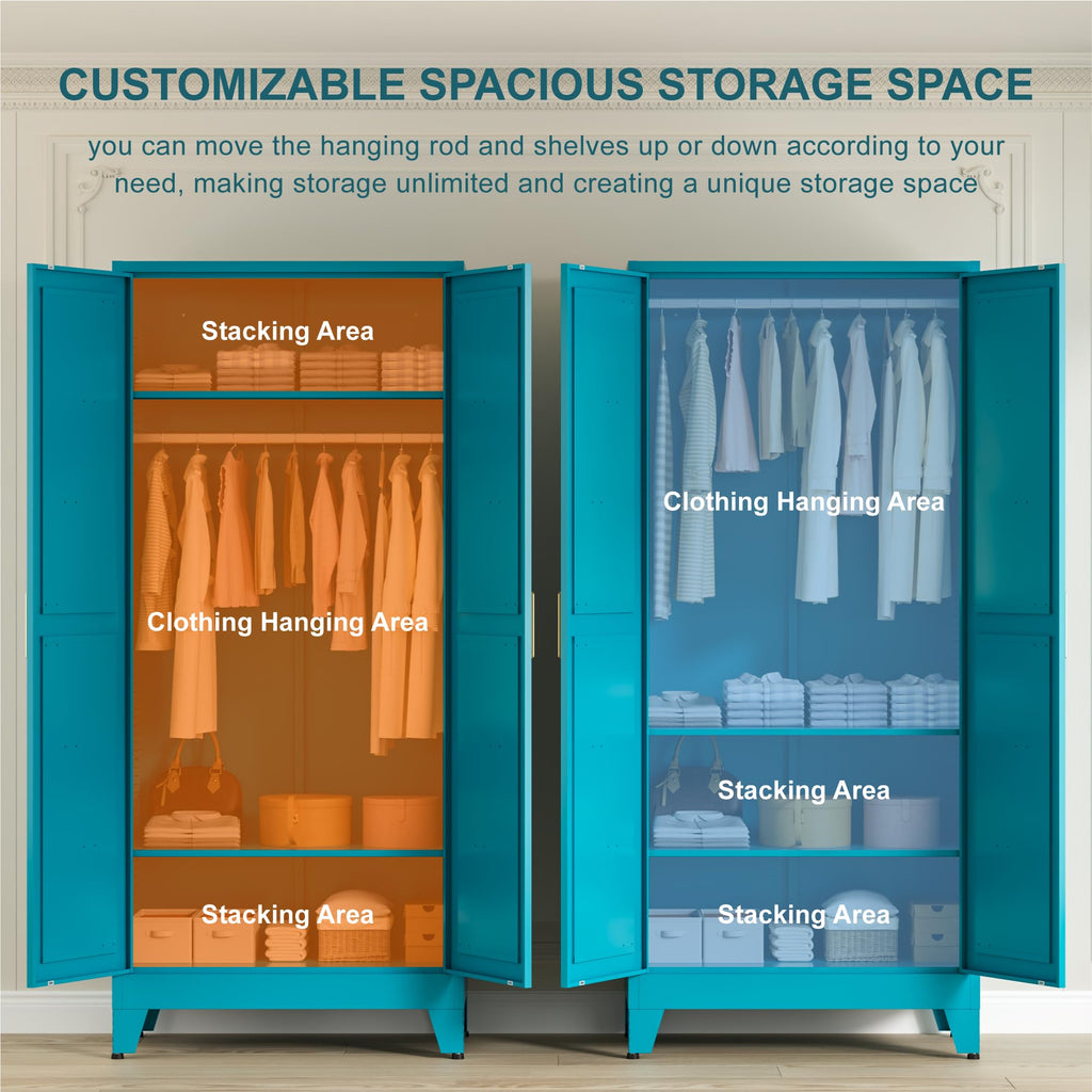 71" Tall Metal Wardrobe Closet with Adjustable Shelves and Hanging Rod, 2 Doors Free Standing Armoire Wardrobe