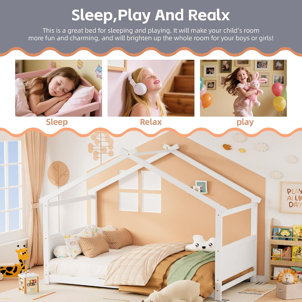 Montessori Floor Bed Frame, Solid Wood Kids House Bed Without Rails, Open Concept Toddler House Bed with