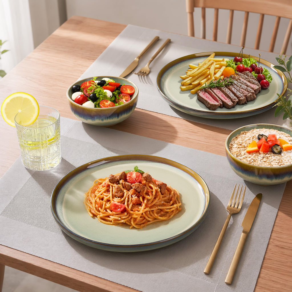 12 pcs Olive Green Reactive Glaze Stoneware Dinnerware Sets for 4