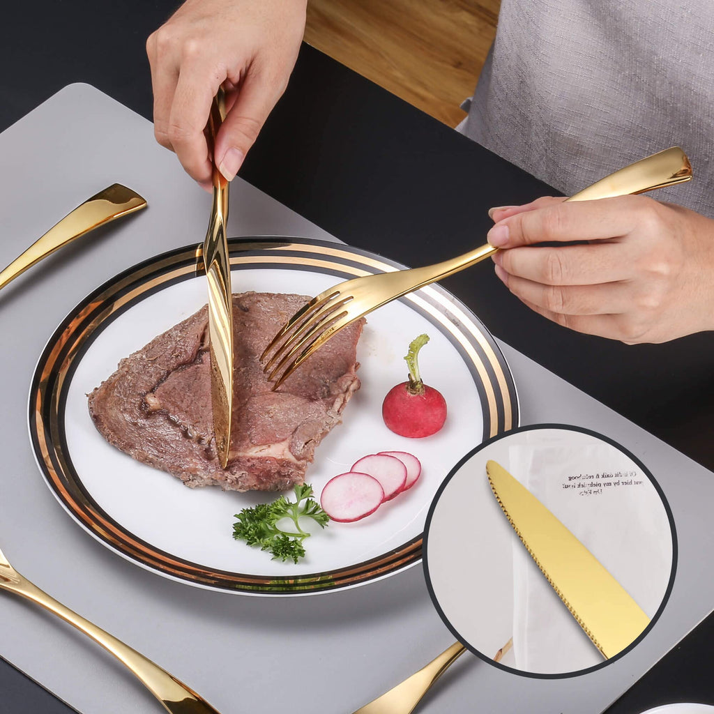 24-Pieces Gold Silverware Set with Steak Knives,Heavy Duty 18/10 Stainless Steel Flatware Set for 4,Modern Cutlery