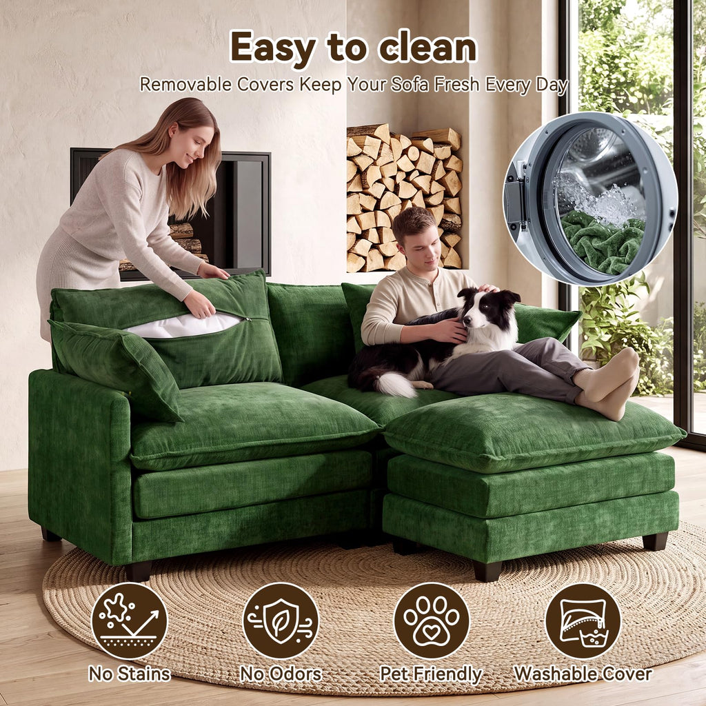 77" Cloud Chenille Sofa Loveseat Couch, Sectional with Ottoman, Green
