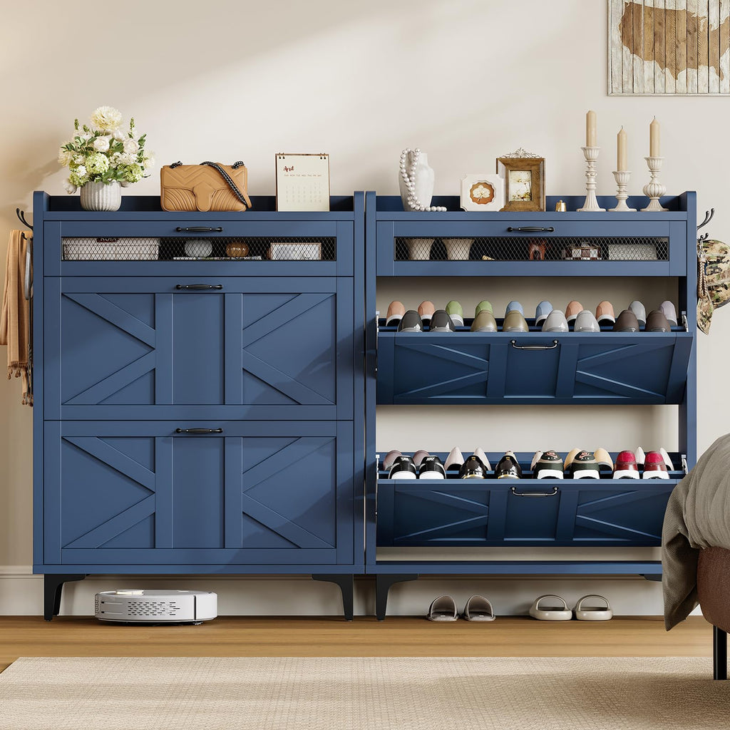 Shoe Cabinet with 2 Flip Drawers & Top Drawer, Farmhouse Narrow Shoe Storage Cabinet with Adjustable Shelves & Hooks