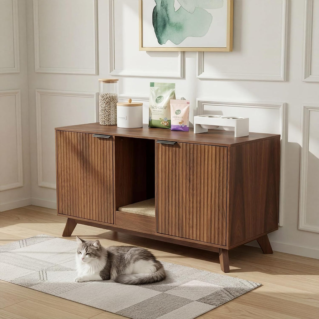 Double Cat Litter Box Enclosure for 2 Cats, Fluted Hidden Litter Box Furniture with Litter Collector & Scratch Pad, 47"