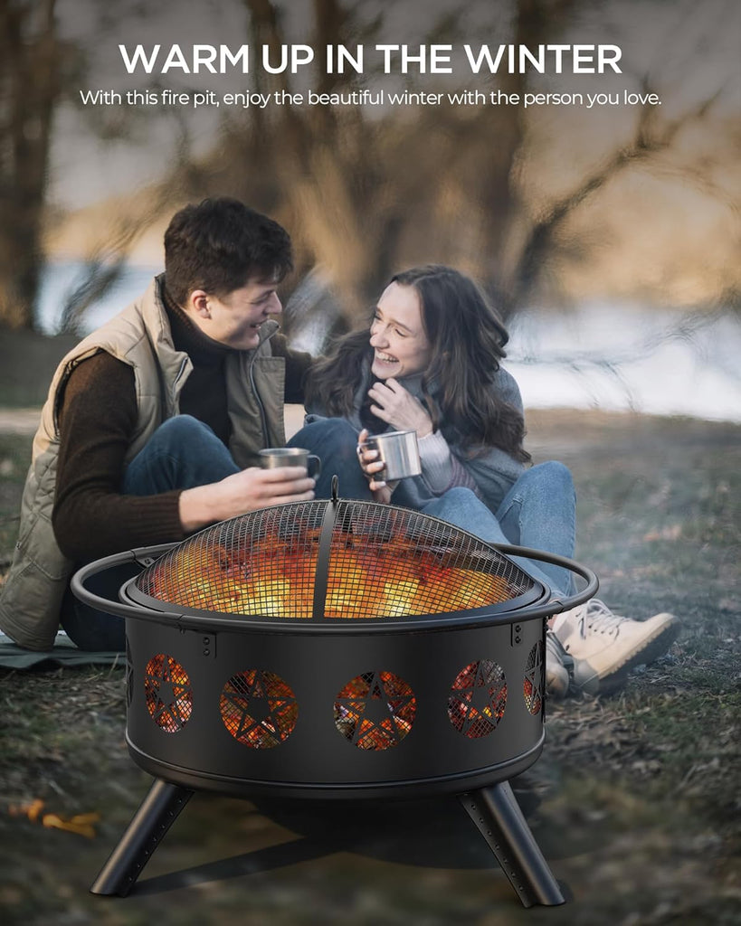 32 Inch Fire Pit with BBQ Grill & Mesh Cover, Wood Burning Fire Pits for Outside with Fire Poker