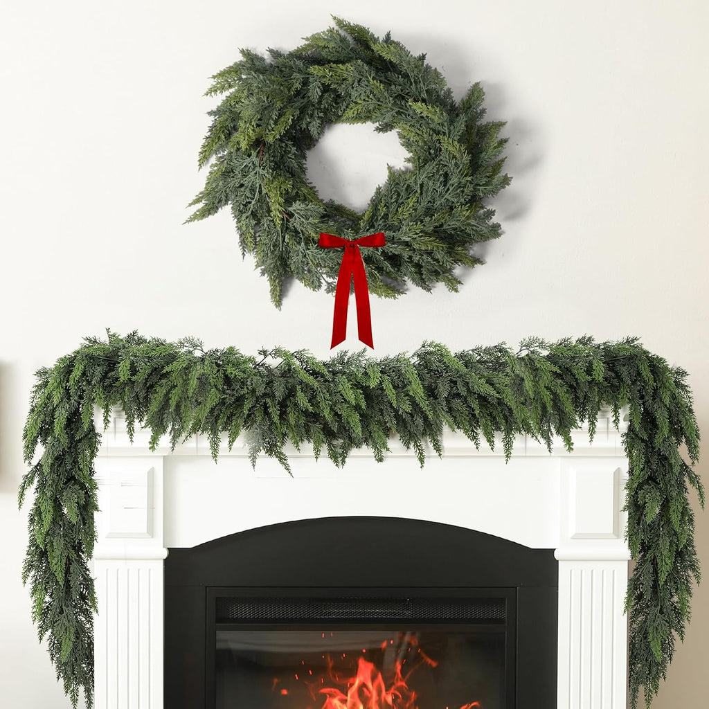Ft Christmas Cedar Garland, Real Touch Soft Greenery Mantel Decor - Set of 9