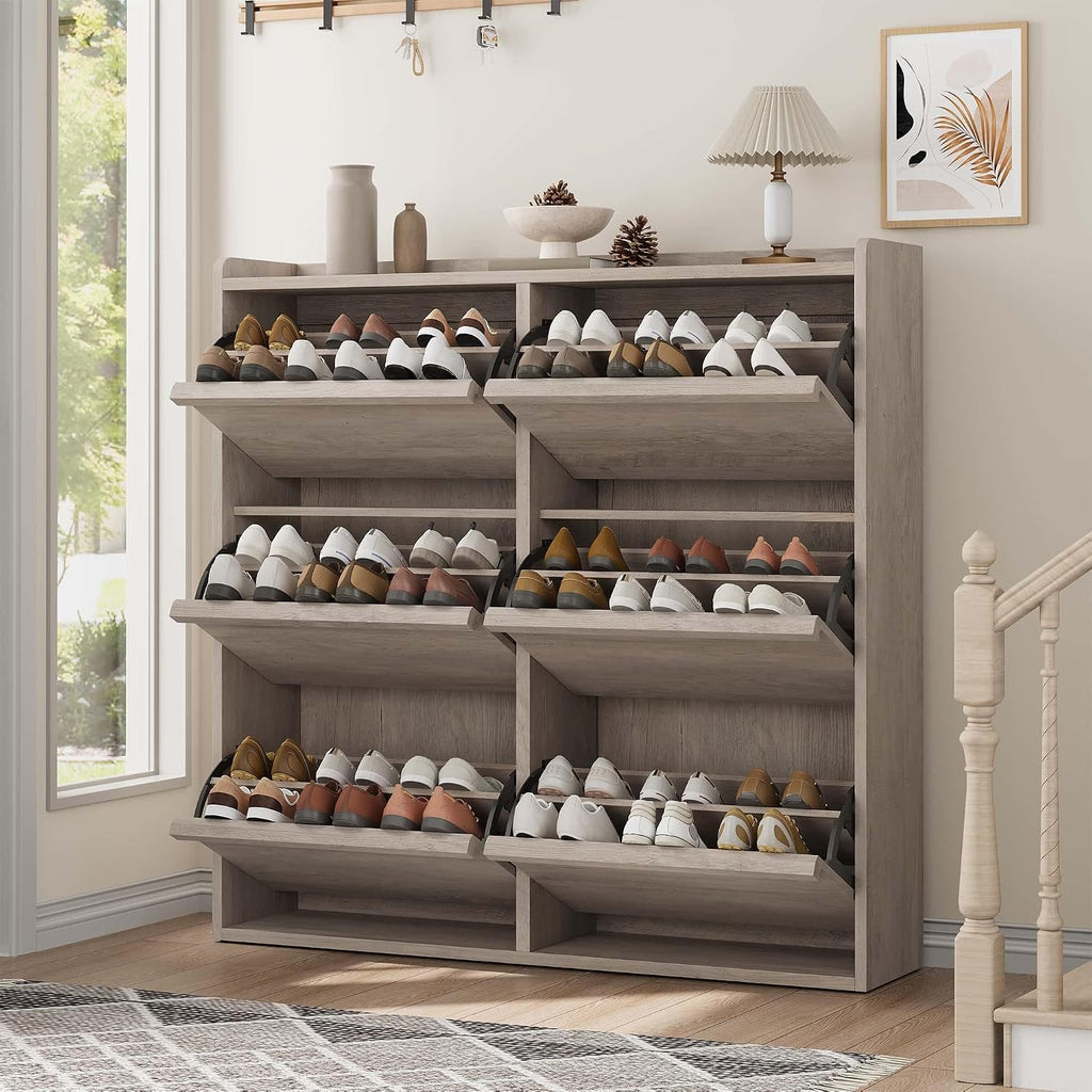 Shoe Cabinet, 6 Flip Drawers, Narrow Freestanding Shoe Organizer with Adjustable and Removable Shelves, Modern Wooden