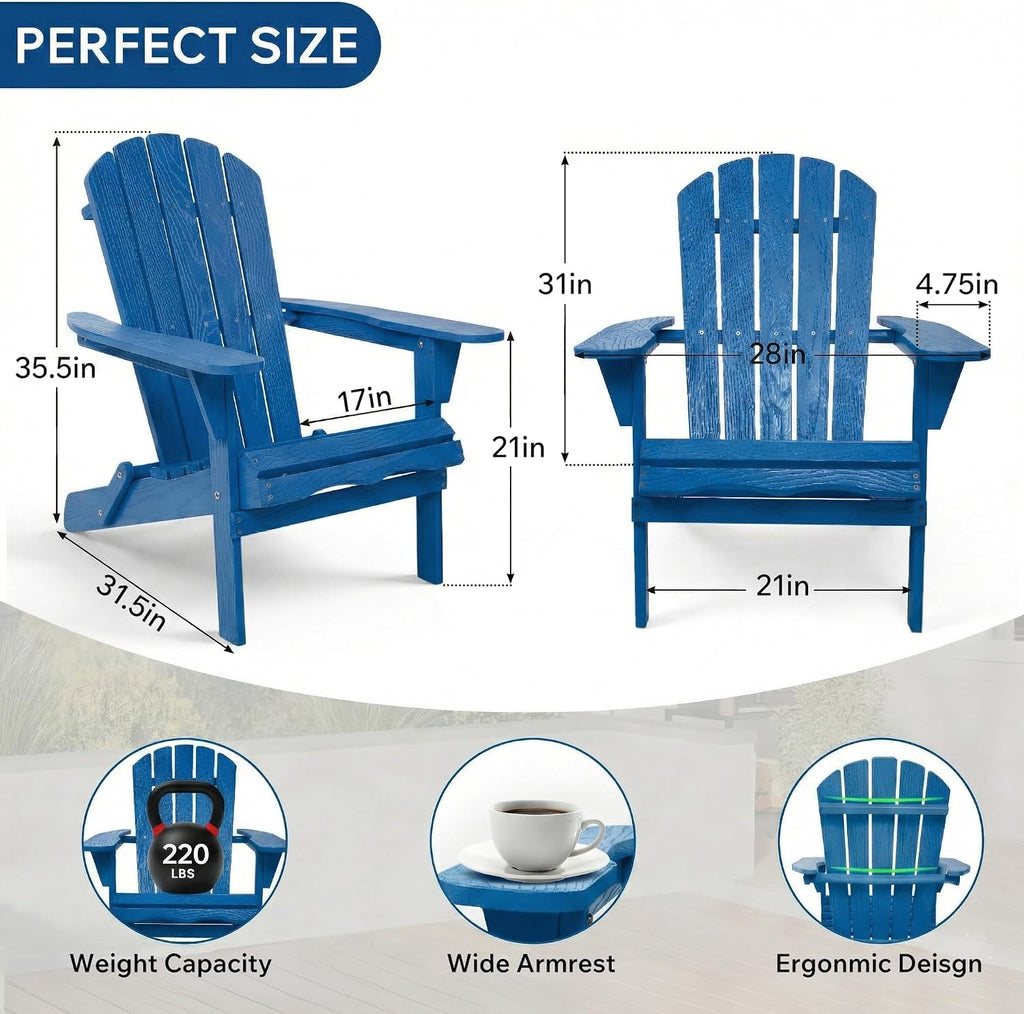 Outdoor Adirondack Chair Set of 2, Wooden Folding Patio Firepit Chairs with Pre-Assembled BackRest & Seat Board for