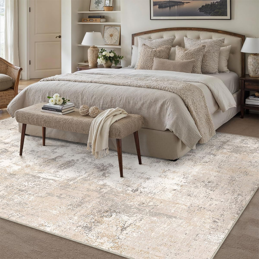 8x10 Washable Area Rug Beige Grey Abstract Non Slip Soft Low Pile Rug for Living Room Bedroom Dining Room Office