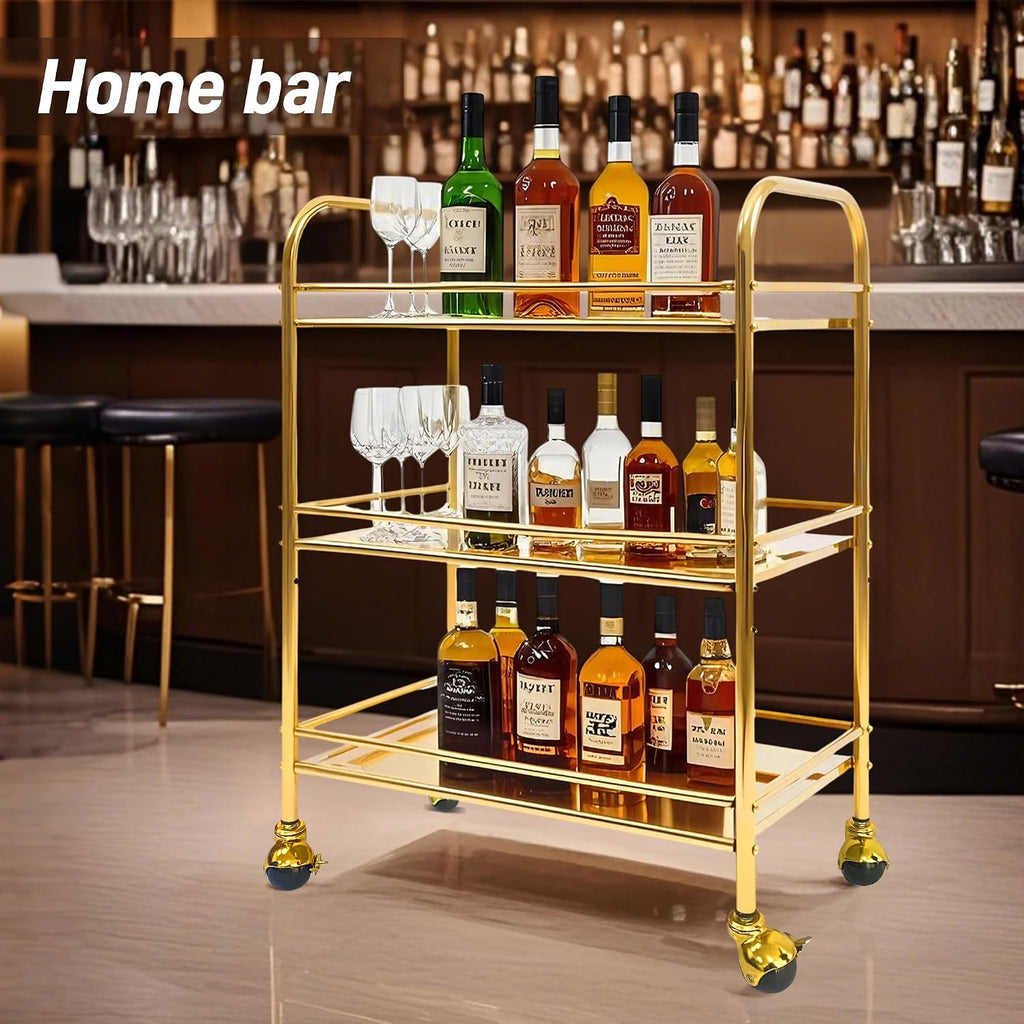 3-Tier Gold Stainless Steel Bar Cart with Lockable Wheels,Home bar | Wheels upgrated,Electroplated golden