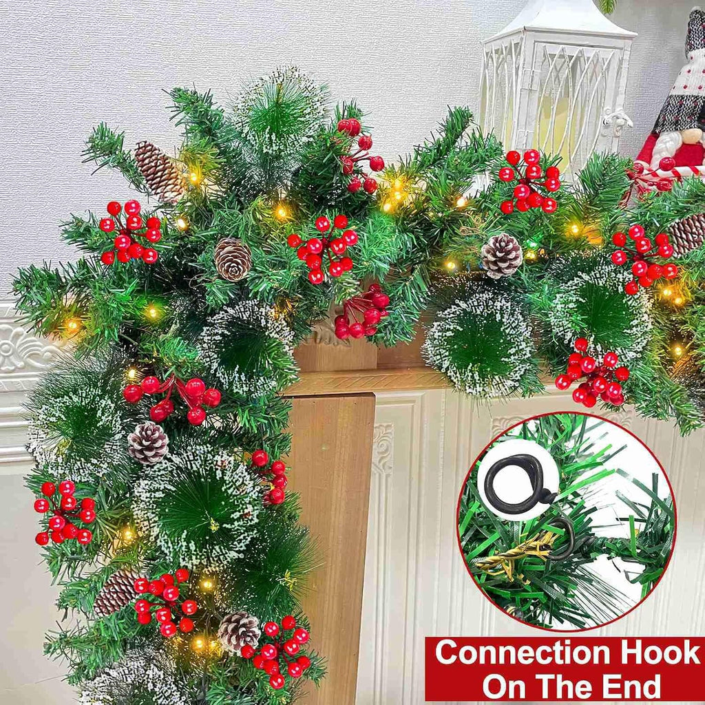 Timer 8 Modes - 9 Ft by 10 Inch Prelit Christmas Garland with 50 Warm Lights Thick 270 Snowy Bristle Pine 10 Pinecone