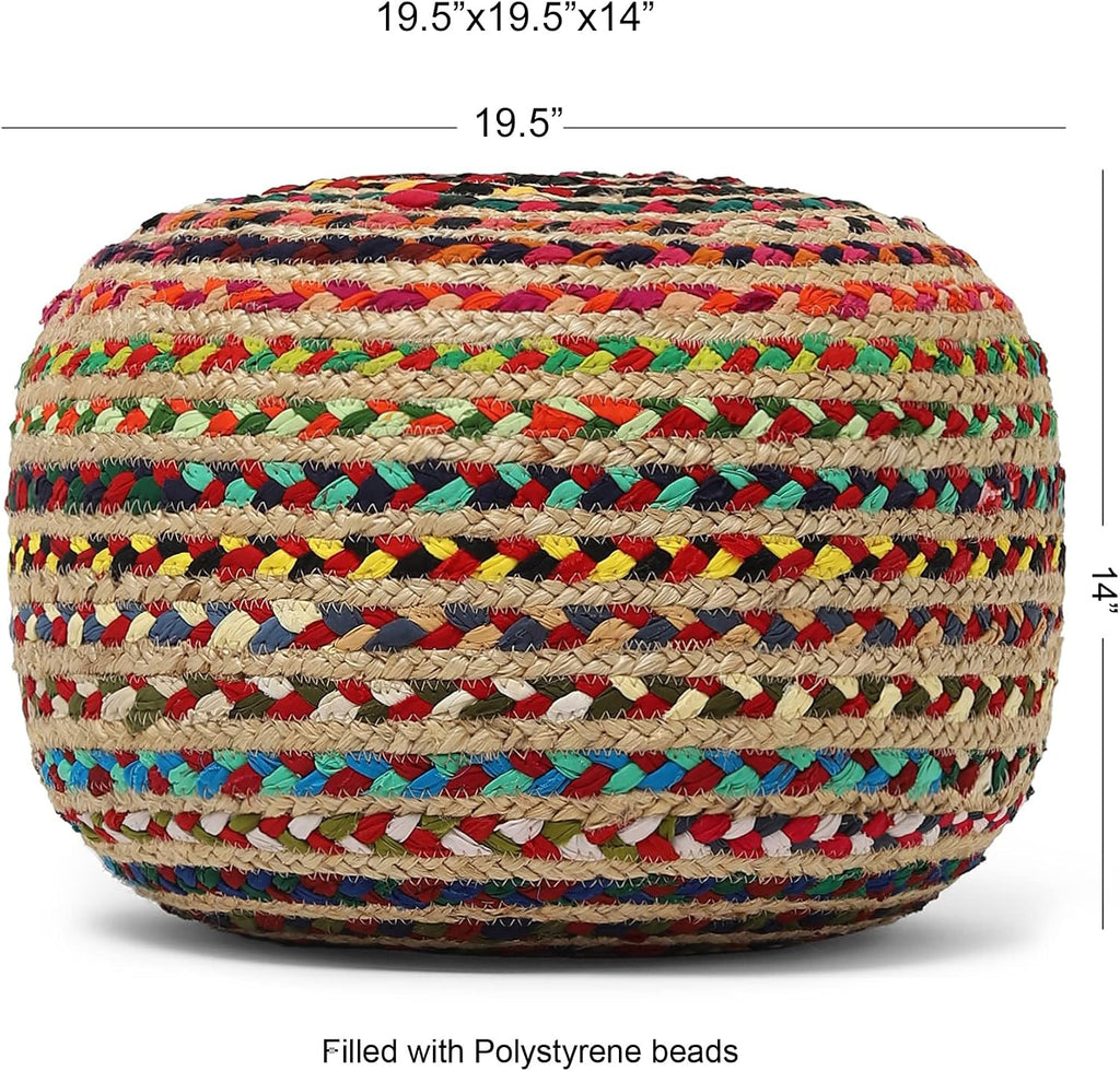 Braided Jute Cotton Pouf - Circular Boho Ottoman - Multi | Jute with Cotton Pouf, 19.5"x19.5"x14"; Braided Boho