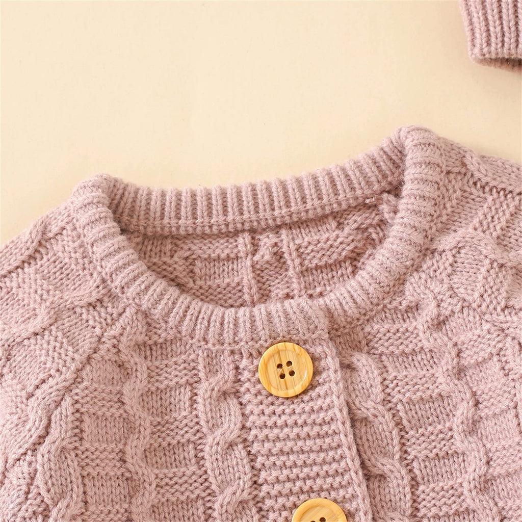 Baby Cable Knit Romper Set Front‐Button Jumpsuit with Pom‐Pom Beanie