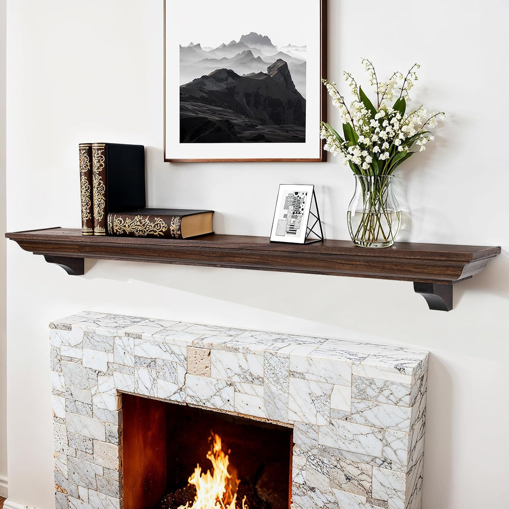 72 Inch Shelf with Corbels, Rustic Floating Shelf for Wall, Wooden Fireplace Mantle for TV Mounting & Living Room, Brown
