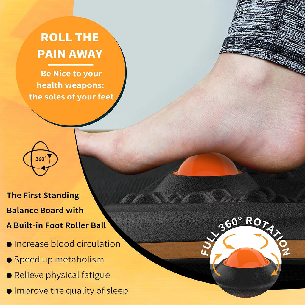 Standing Desk Mat Balance Board with Rollerball, Wooden Wobble Anti Fatigue Mat Balance Board for Standing Desk, Home