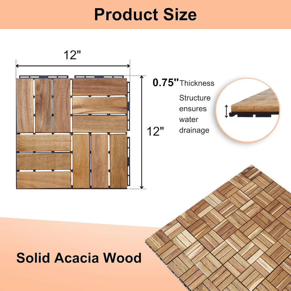 12" x 12" Square Wood Interlocking Flooring Tiles, Pack of 10 Tiles, 10 PCS Interlocking Deck Tiles, Acacia Hardwood