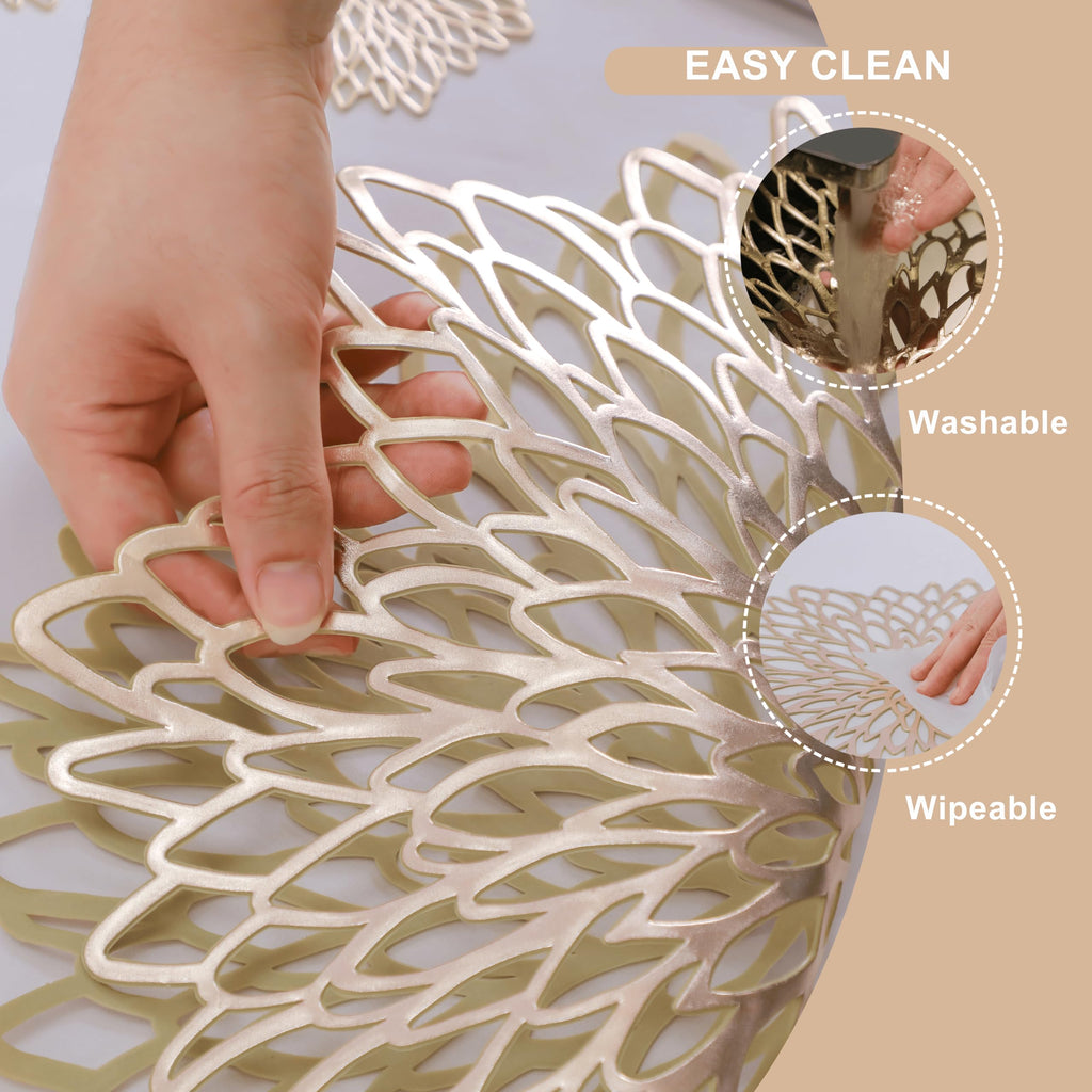 6 Pack Gold Placemats Metallic Pressed Vinyl Round Leaf Plastic Dinning Table Place Mats Fancy Decorative for Wedding