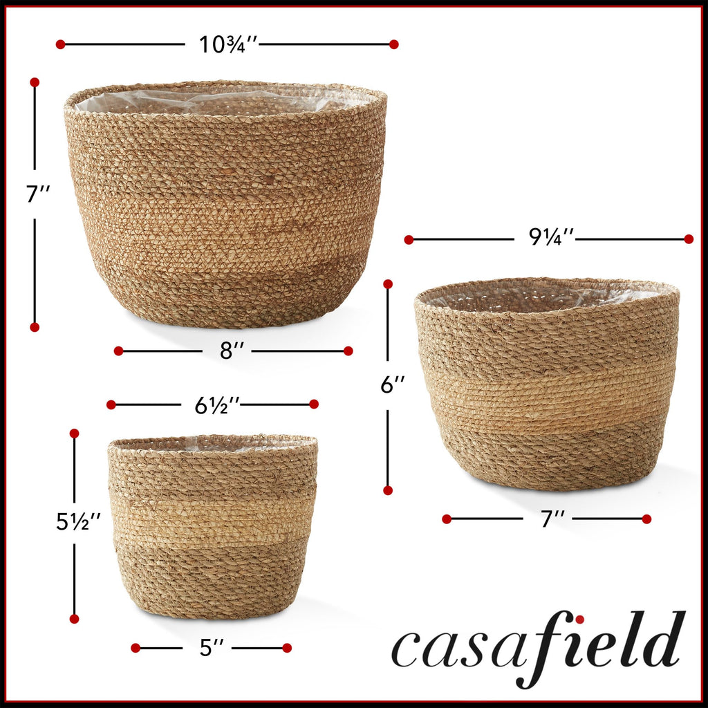 Set of 3 Seagrass Planter Baskets with Liners - Two-Tone, Hand Woven Indoor Flower Pot Covers for Plants, Succulents
