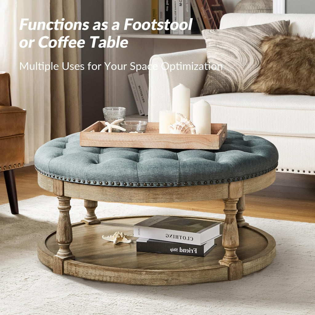 Round Ottoman Coffee Table, 2-Tier Large Button Tufted Ottoman Footrest, with Wood Shelf Storage Farmhouse