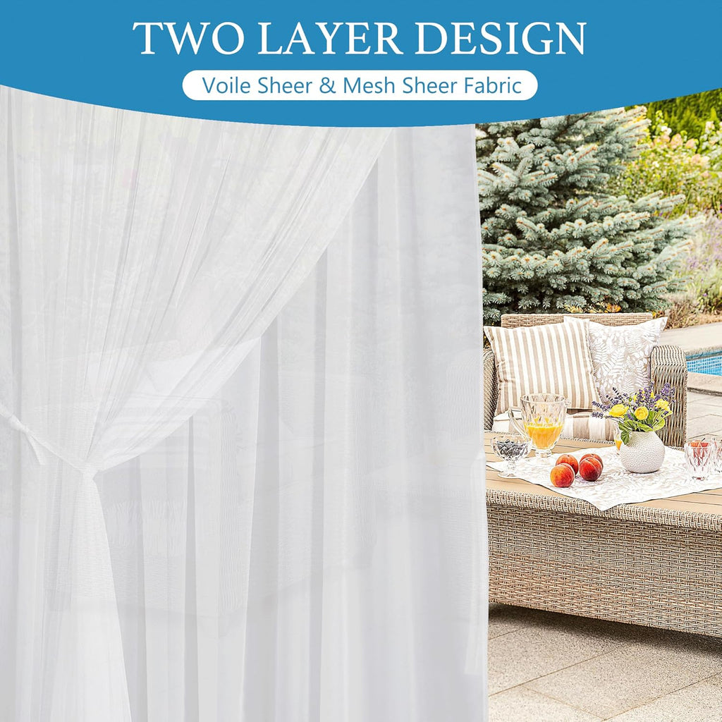 2 Layer Sheer Outdoor Curtains Waterproof Privacy | Light Filtering, Breathable, Drapes for Porch, Pergola, Pavilion