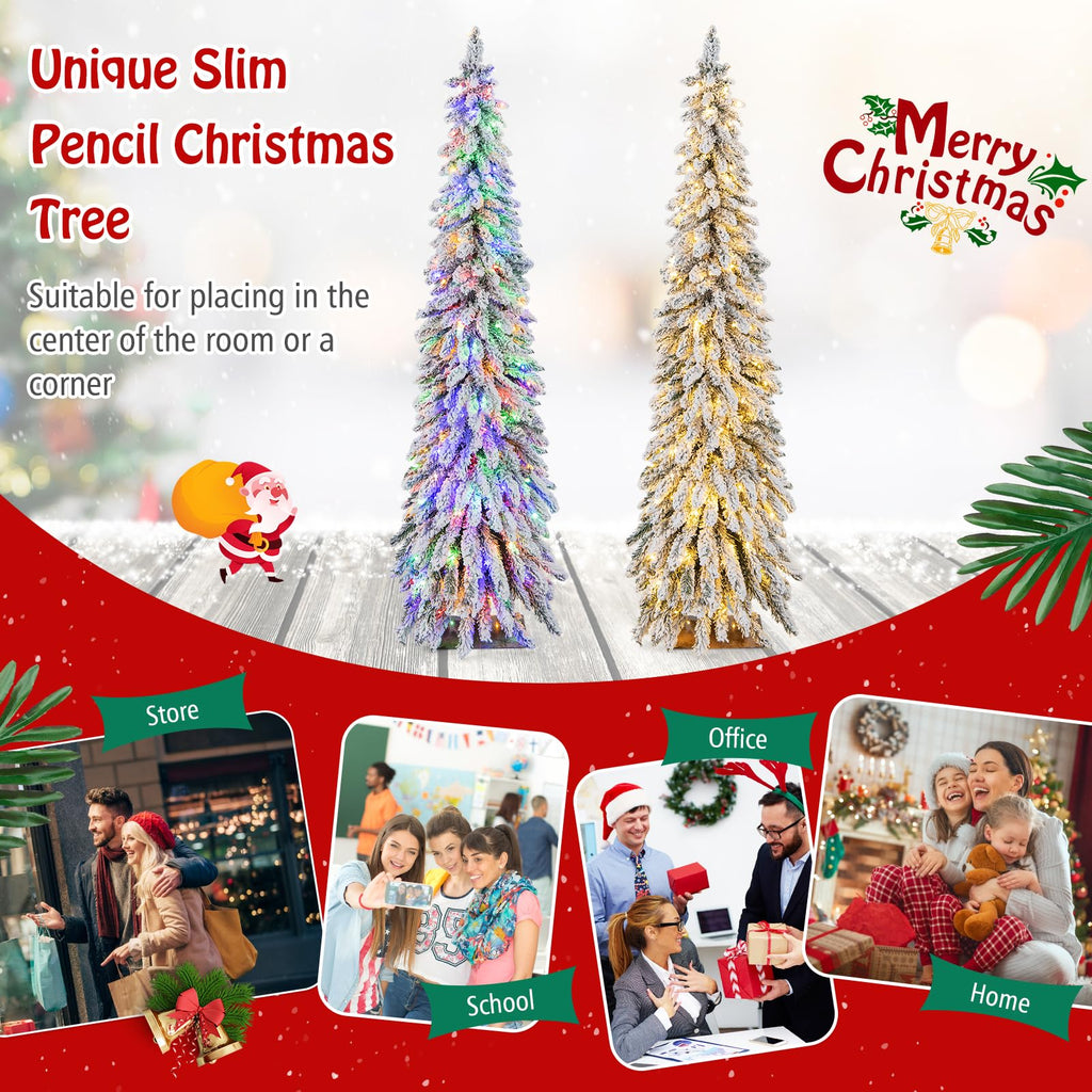 6 FT Pre-Lit Artificial Christmas Tree, Snow Flocked Slim Pencil Christmas Tree with Multi-Color & Warm-White LED