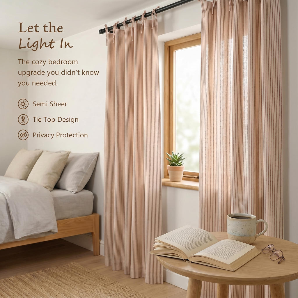 Natural Gauze Tie Top Curtains, Maroon Striped, 42x72, 2 Panels