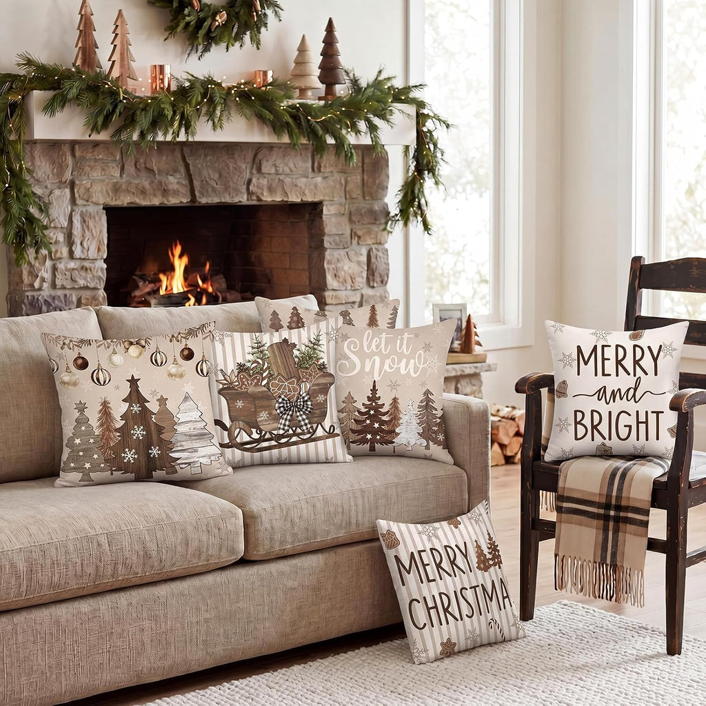 Set Neutral Christmas Pillow Cover 18 x 18 Brown Pillow Case - Set of 6