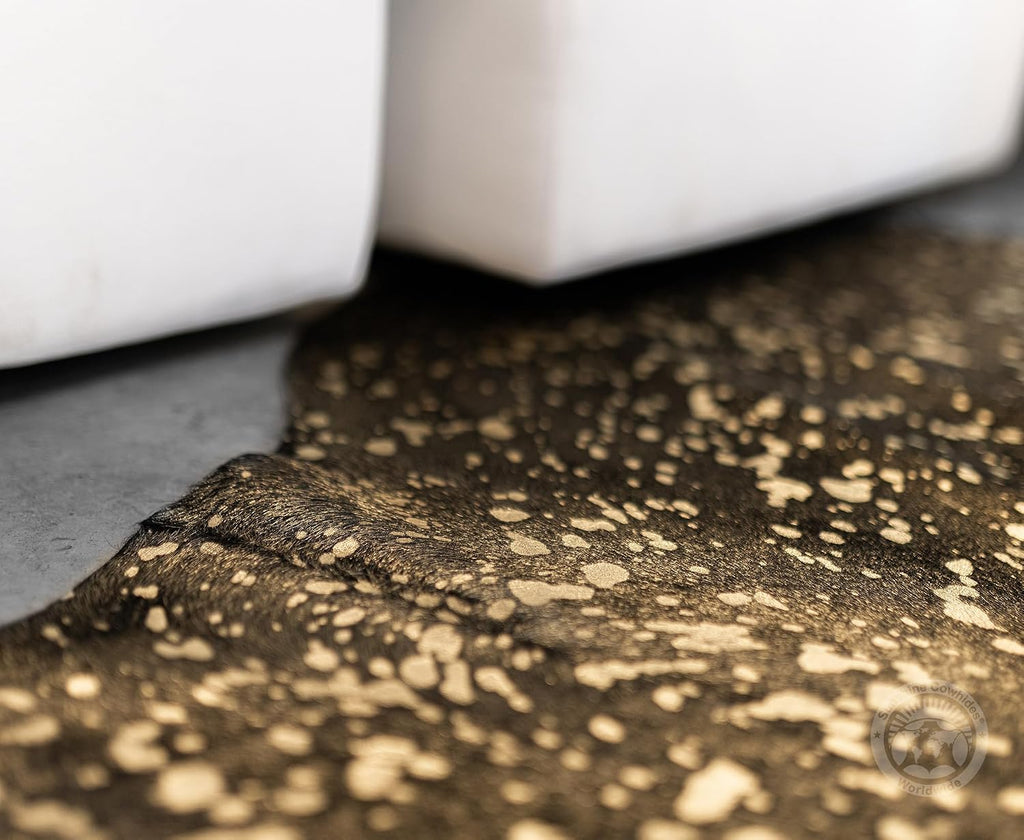 100% Genuine Metallic Gold on Dyed Black Cowhide Rug - Modern Style Brazilian Animal Skin Rug & Floor Carpet & More