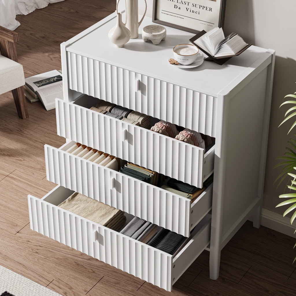 White 4 Drawer Dresser, Modern Chest of Drawers, Wood Fluted Dresser Organizer with Deep Drawers for Clothes