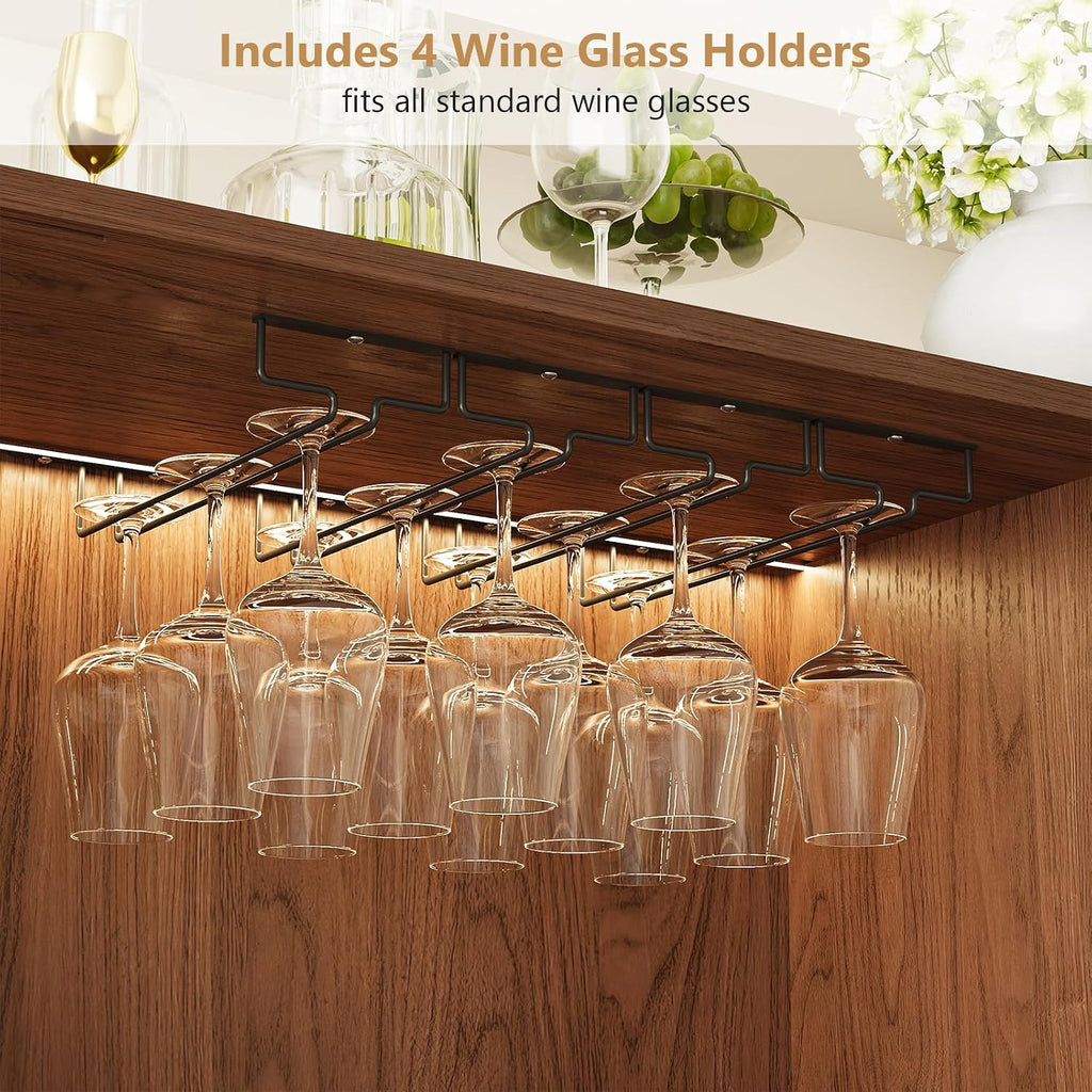 55" Fluted Wine Bar Cabinet with Power Outlet Walnut | Large Coffee Bar, Liquor Whiskey Cabinet, Home Bar, with LED