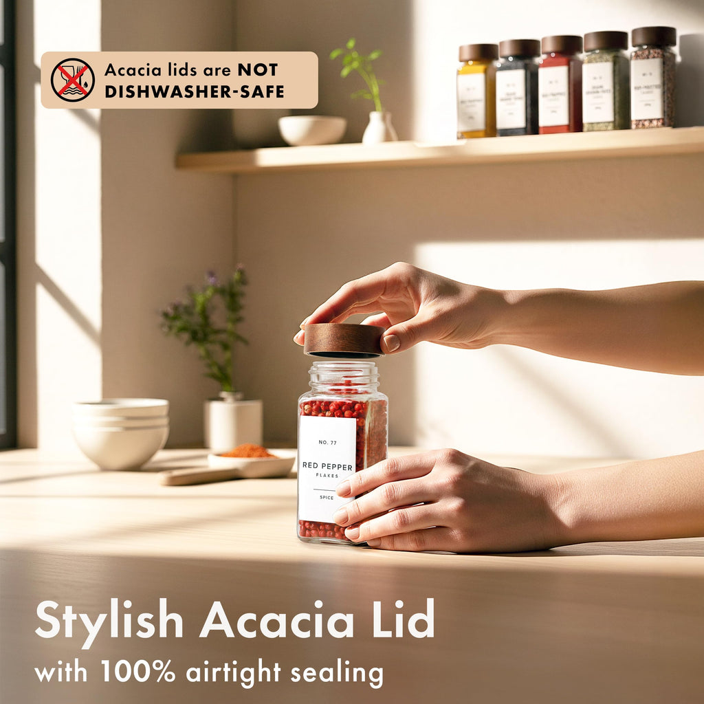 Glass Spice Jars with Label, 24x Acacia Wooden Lids - White Labels