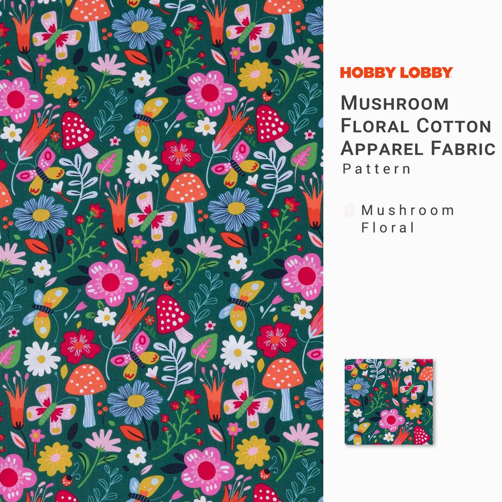 Mushroom Floral Cotton Calico Fabric, 2 Yards