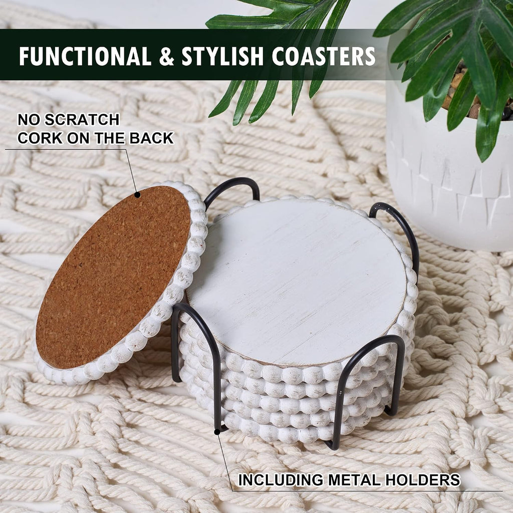 GENMOUS 6 Pack Farmhouse Wooden Bead Coasters with Metal Holder for Coffee Table Decor, Round Handmade Cup Coasters - Set of 6