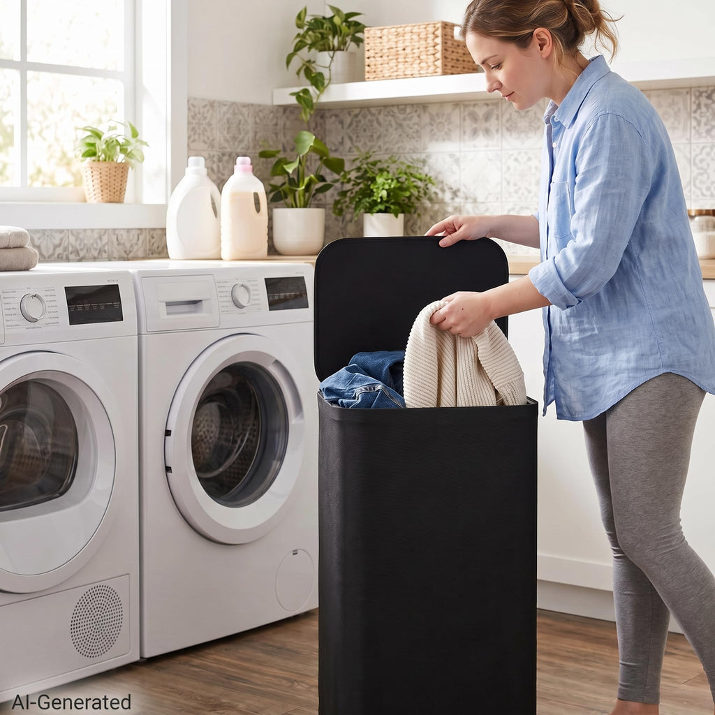 100L Laundry basket Hamper with Lid & Removable Mesh Bag, Black