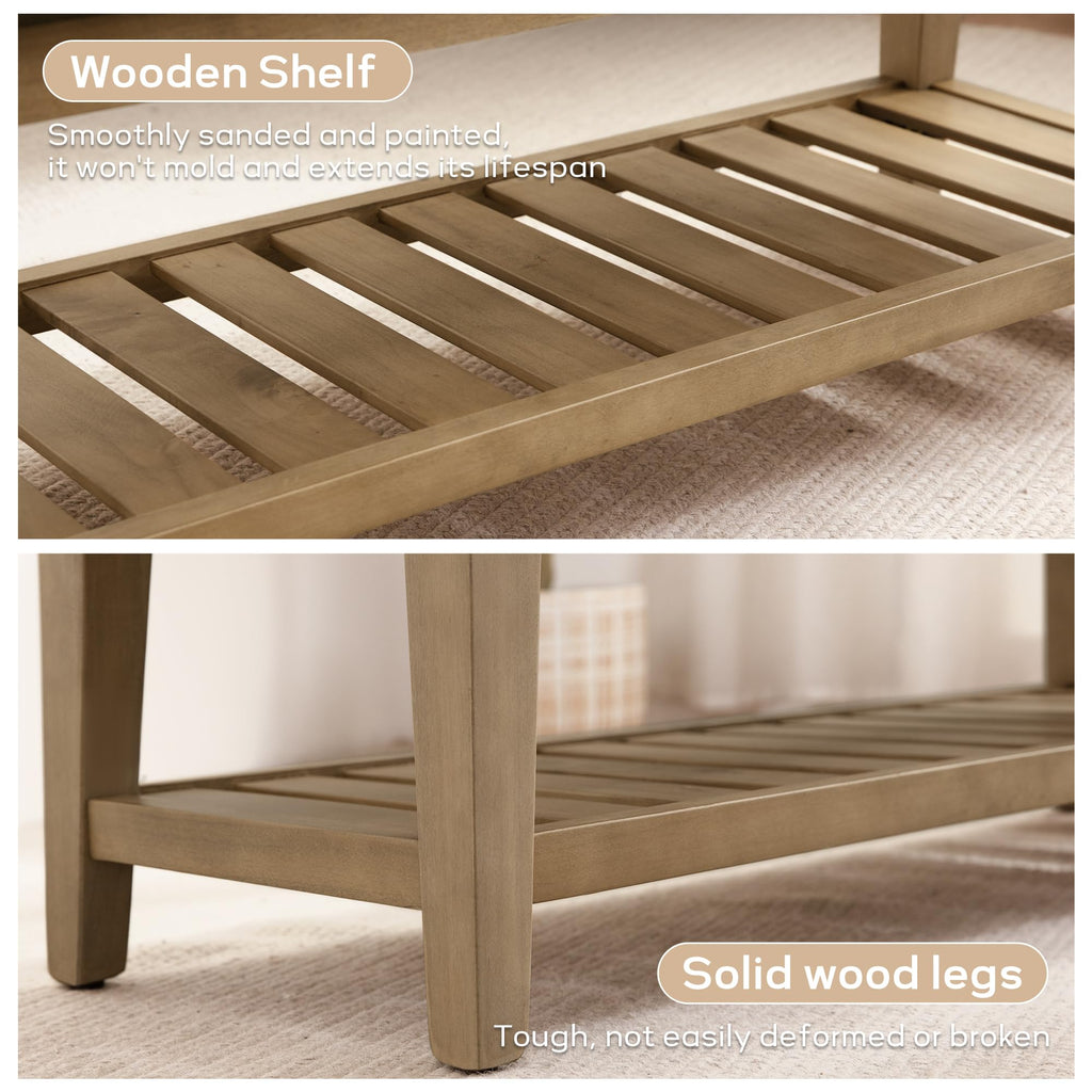 Entryway Bench with Cushion, Upholstered Shoe Rack Bench with Solid Wood Shelf, 44" End of Bed Bench, Chenille