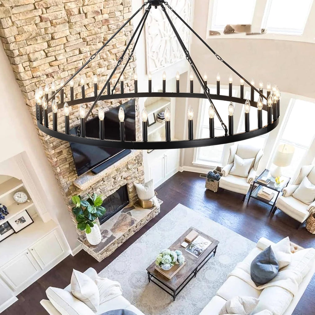 Inspired Camino Style Chandelier - 64 Inch Extra Large Black Wagon Wheel Chandelier 42-Light Farmhouse Wagon Wheel Chandeliers Round Industrial Ceiling Light fixtures for Outdoor Porch high Ceilings Living Dining Room Foyer Entryway A105-B0C5RF3HXN